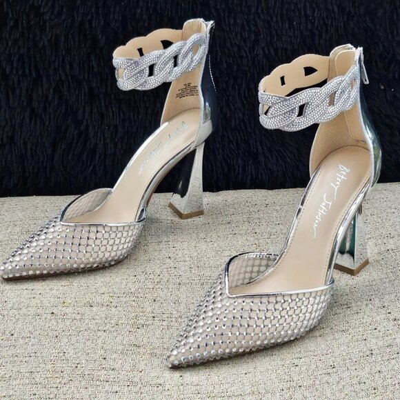 Betsey Johnson Shoes - Betsey Johnson Women Heel Sandal JAD Silver RHINESTONE Bridal Shoe Size 8.5M